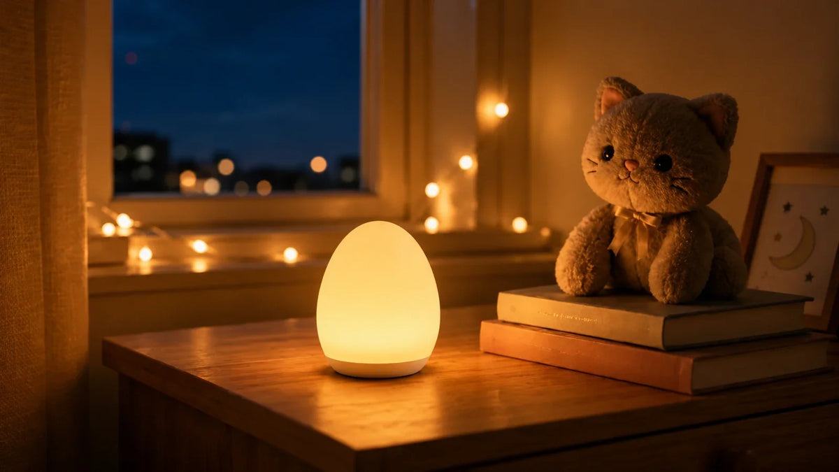 Veilleuse Luma en forme d'œuf allumée sur une table de chevet, lumière chaude et douce dans une chambre le soir
