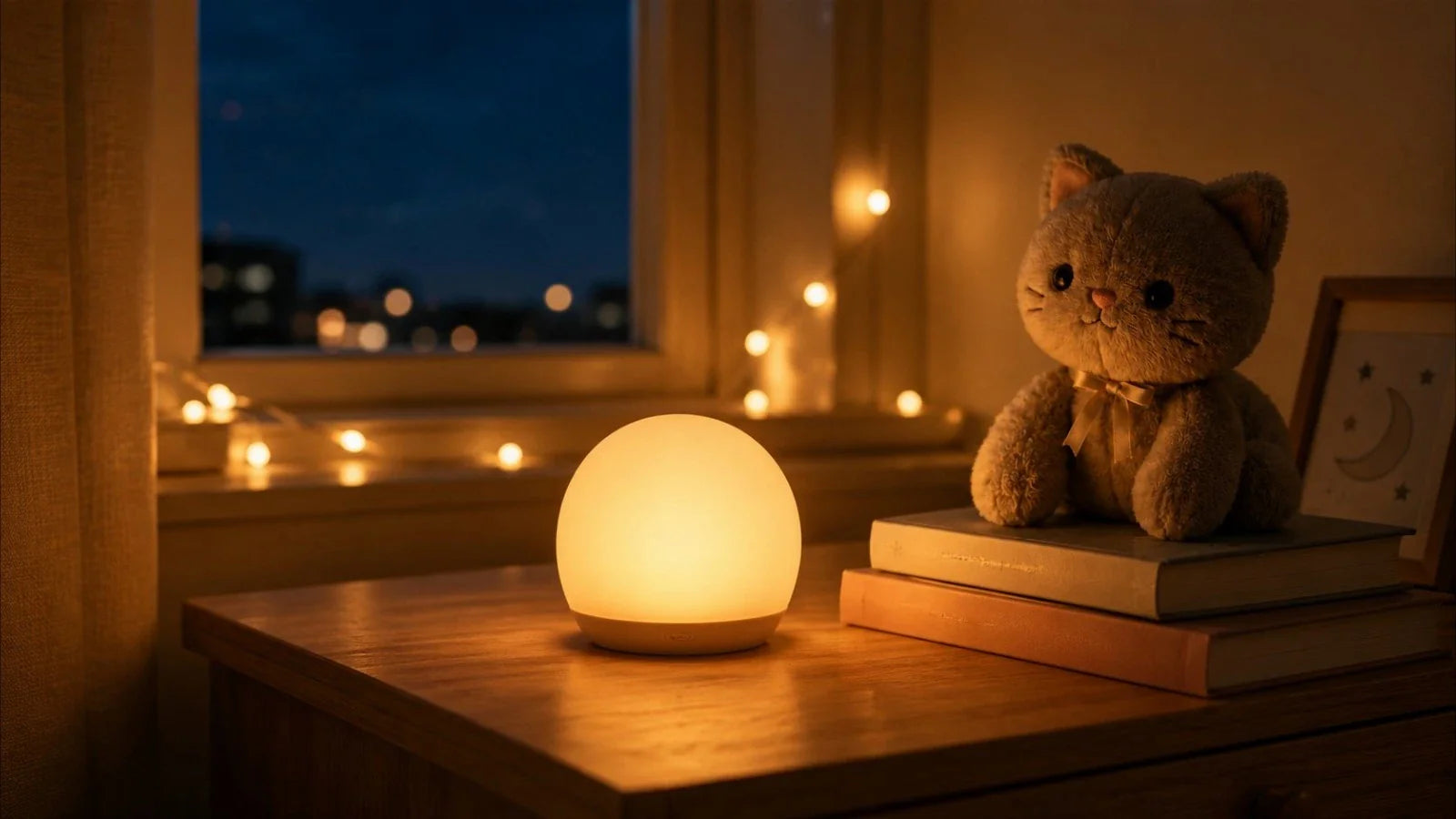 Ambiance chambre chaleureuse le soir avec veilleuse en céramique, guirlande lumineuse et livres du soir