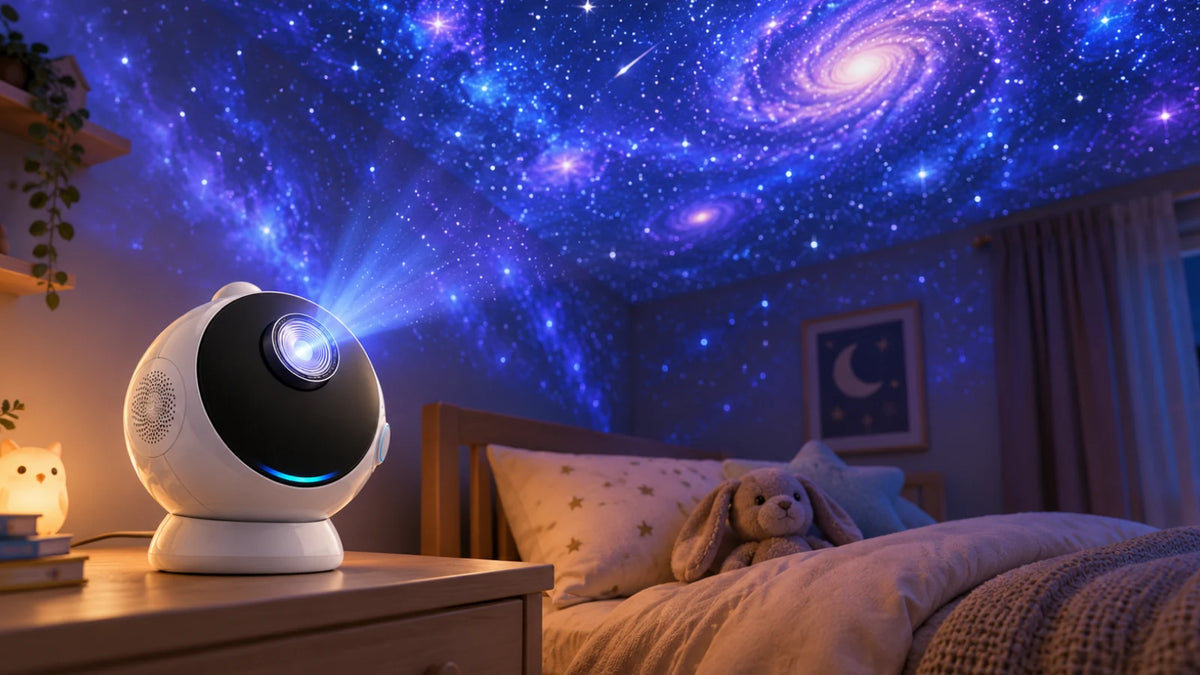 Même chambre transformée par le projecteur Ulysse, ciel étoilé et Voie lactée projetés au plafond