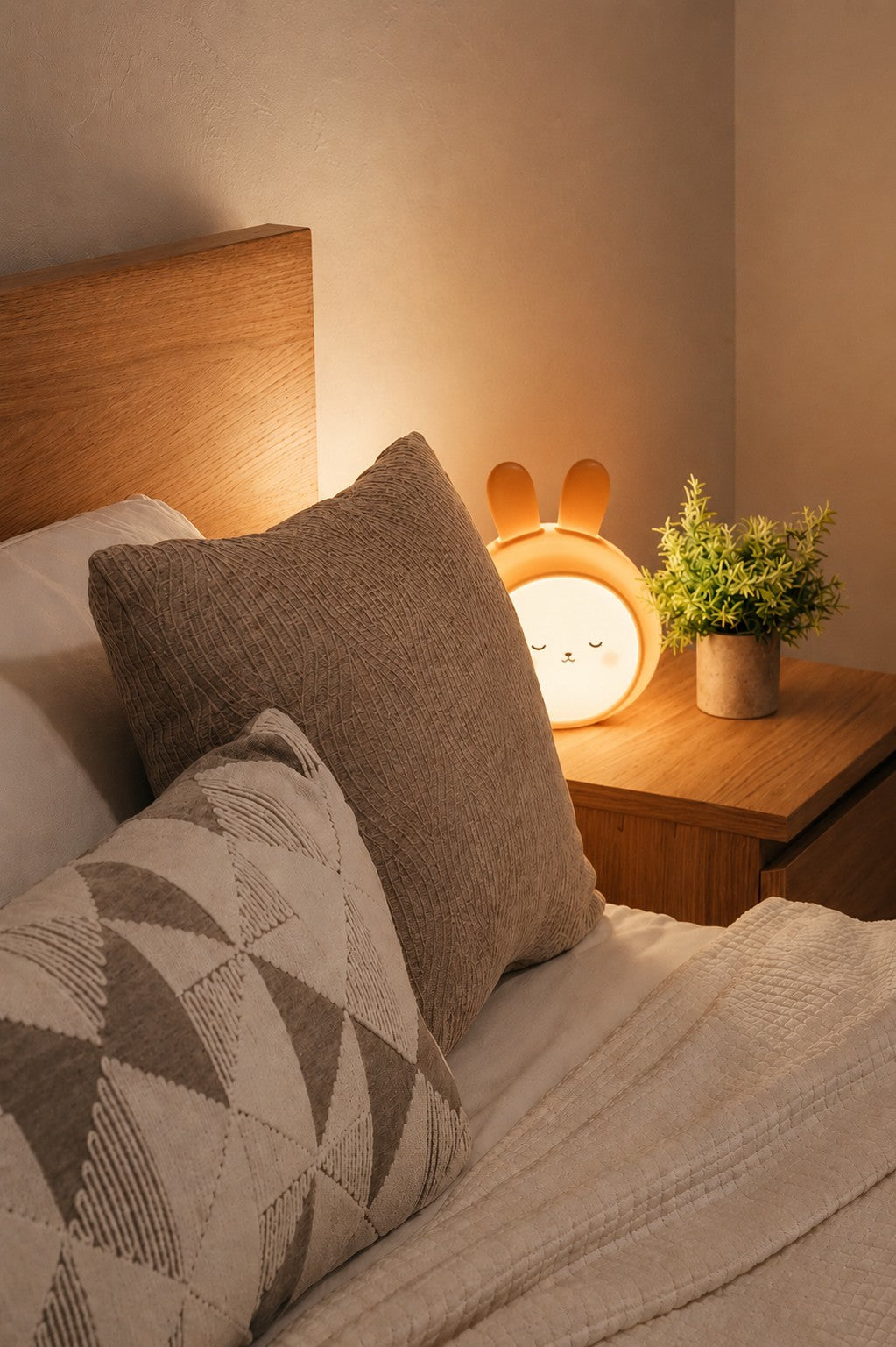 Veilleuse lapin lumineuse posée sur une table de chevet, ambiance chambre chaleureuse avec coussins et plante
