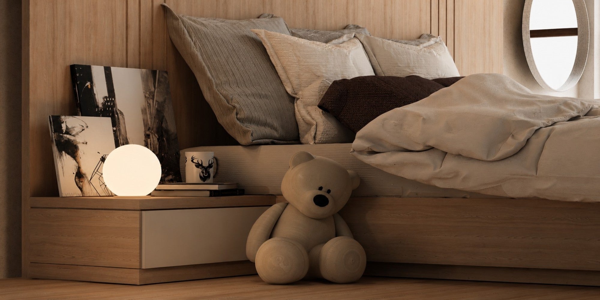 Veilleuse ronde lumineuse posée sur une commode en bois, ambiance chambre chaleureuse avec peluche ourson