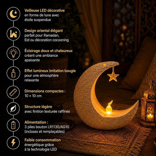 Infographie caractéristiques veilleuse LED Baraka : dimensions, alimentation piles, effet flamme, design oriental