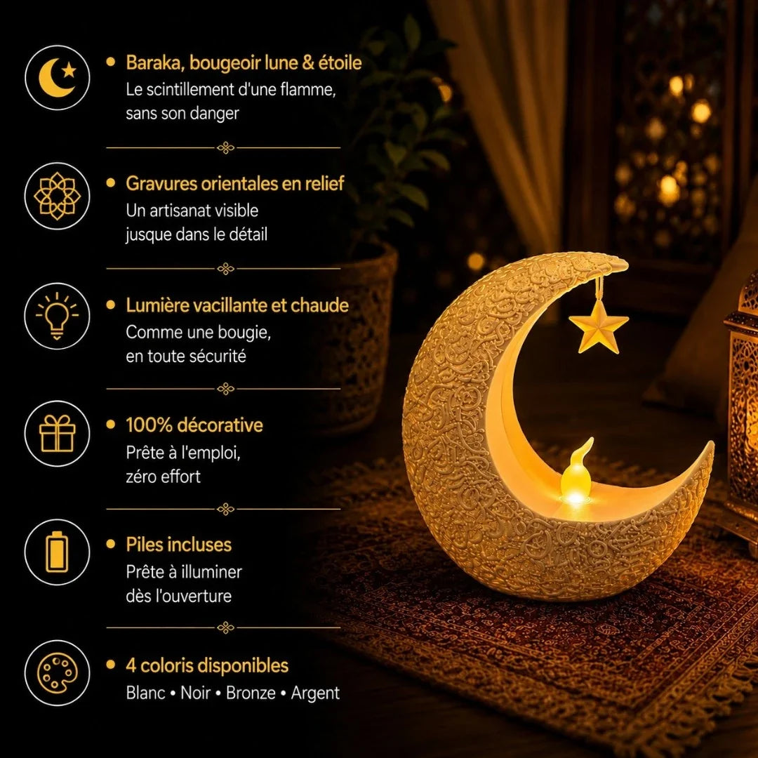 Infographie caractéristiques bougeoir veilleuse Baraka : effet flamme vacillant, gravures orientales en relief, 100% décorative, piles incluses, 4 coloris disponibles