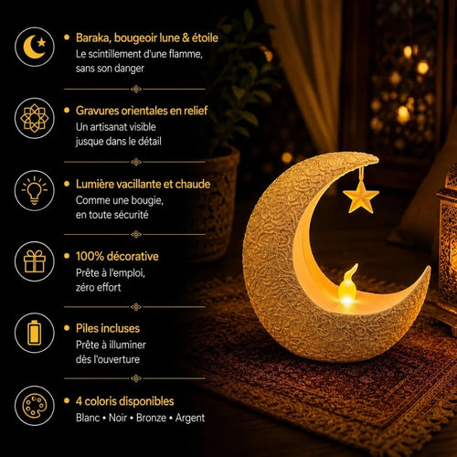 Infographie caractéristiques bougeoir veilleuse Baraka : effet flamme vacillant, gravures orientales en relief, 100% décorative, piles incluses, 4 coloris disponibles