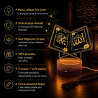 Infographie veilleuse Booka : livre ouvert en acrylique, calligraphies Allah et Mohammed, versions 7 ou 16 couleurs