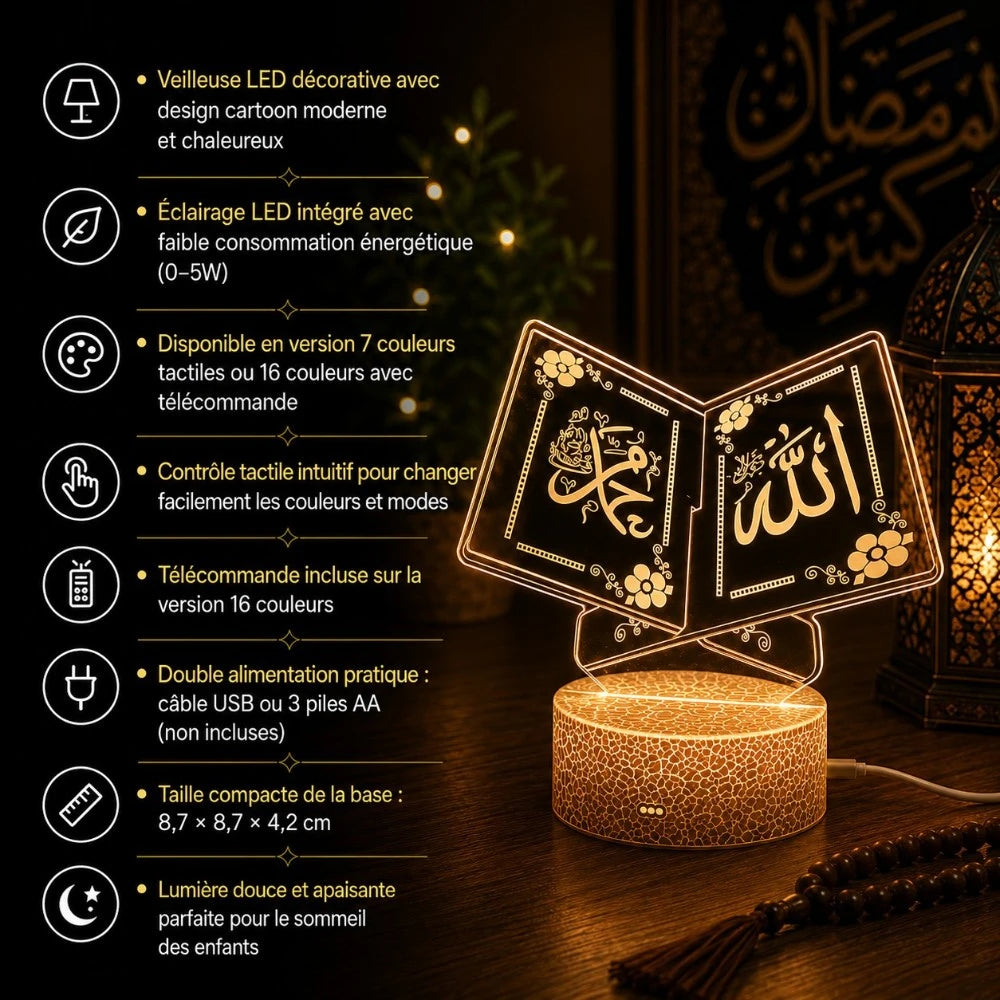 Infographie caractéristiques veilleuse Booka : LED 7-16 couleurs, télécommande, USB