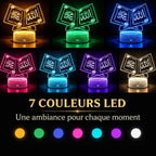 Veilleuse coranique Booka présentée en 7 couleurs LED, avec éclairage doré, vert, bleu, rose, turquoise, violet et blanc.