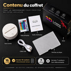 Contenu du coffret de la veilleuse Booka avec socle tactile, panneau acrylique, câble USB, guide d’utilisation et télécommande incluse pour la version 16 couleur