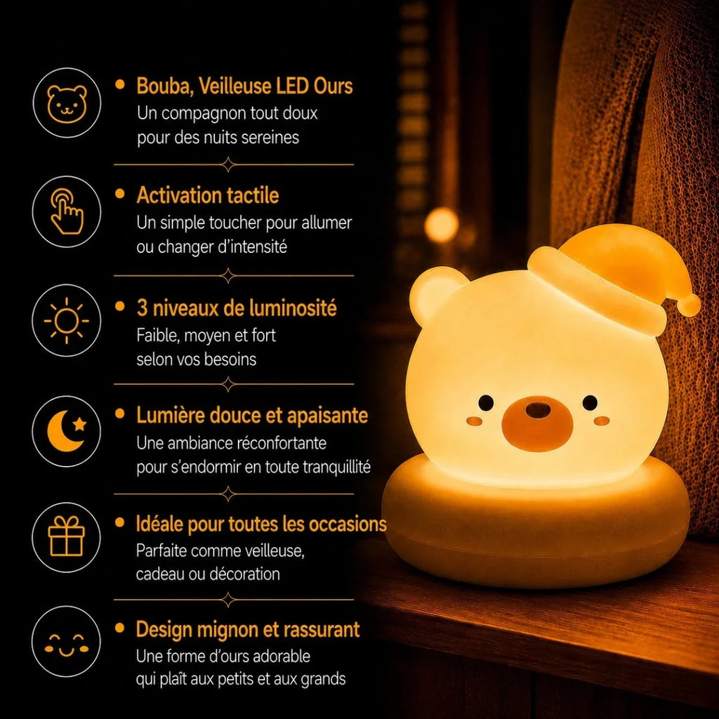 Infographie de la veilleuse LED ours Bouba présentant l’activation tactile, 3 niveaux de luminosité et une lumière douce et apaisante.