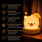 Infographie de la veilleuse LED ours Bouba présentant l’activation tactile, 3 niveaux de luminosité et une lumière douce et apaisante.