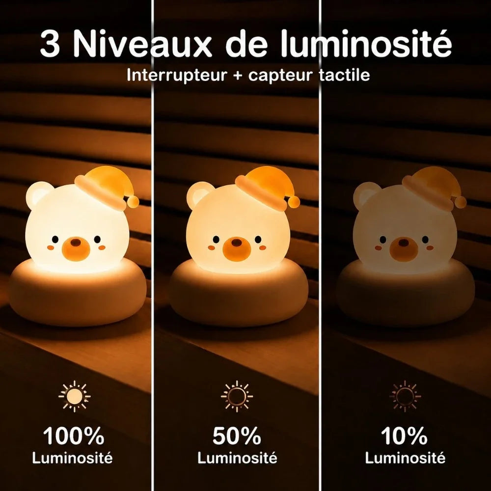 Veilleuse LED ours Bouba avec trois niveaux de luminosité réglables, pour adapter l'intensité selon le moment de la soirée