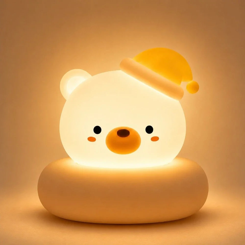 Veilleuse LED ours Bouba pour enfant avec lumière chaude et bonnet de nuit