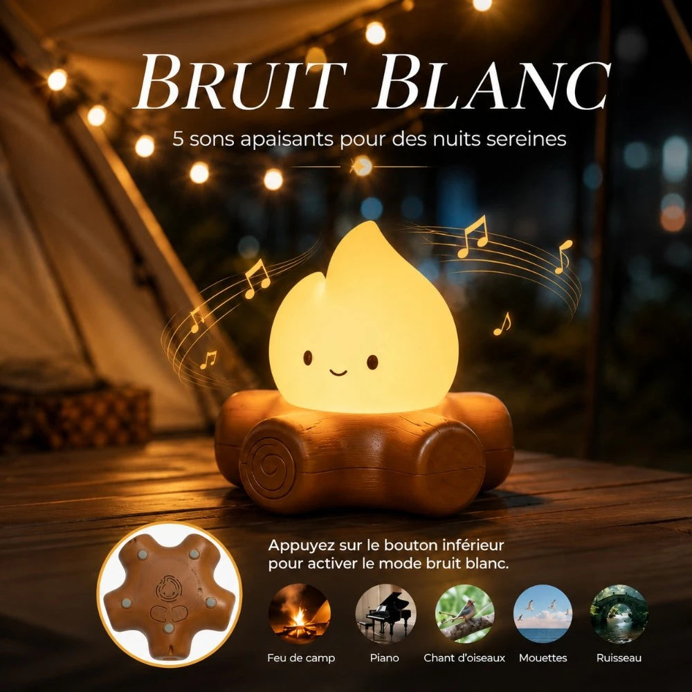 Veilleuse Braise lumineuse sur socle effet bois avec 5 sons apaisants : feu de camp, piano, chant d’oiseaux, mouettes et ruisseau.
