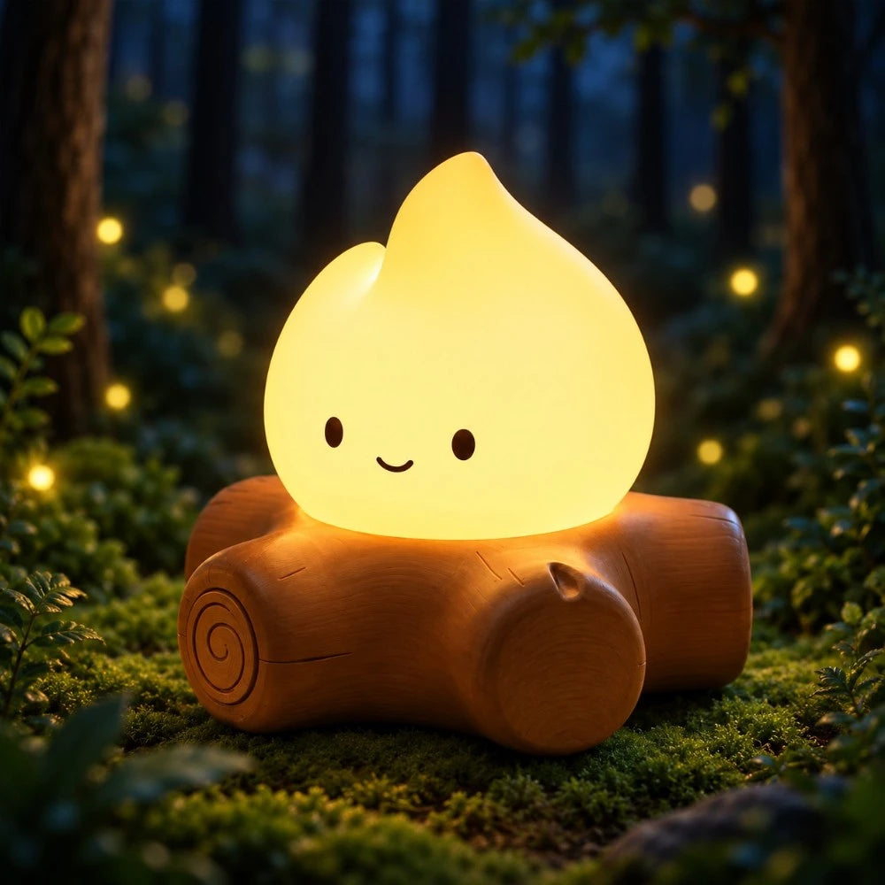 Veilleuse Braise LED en forme de flamme sur socle effet bois, éclairée dans une forêt féerique