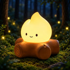 Veilleuse Braise LED en forme de flamme sur socle effet bois, éclairée dans une forêt féerique