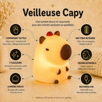 Infographie veilleuse LED capybara Capy : commande tactile, 7 couleurs, silicone doux, recharge USB