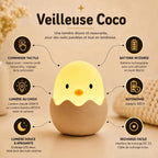 Infographie veilleuse LED poussin Coco : commande tactile, lumière chaude ou blanche, batterie rechargeable, autonomie jusqu'à 300 h, recharge DC 3.5