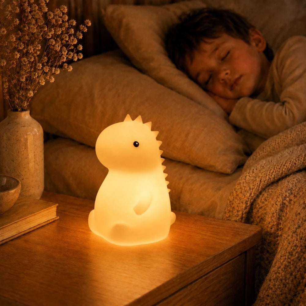 Veilleuse LED dinosaure Dyno allumée sur une table de chevet près d'un enfant endormi