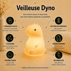 Infographie veilleuse LED dinosaure Dyno : commande tactile, 7 couleurs, silicone doux, recharge USB