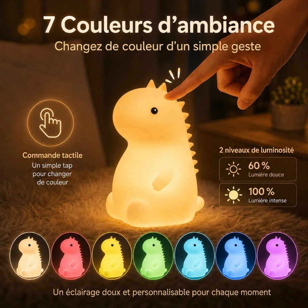 Veilleuse LED dinosaure Dyno : commande tactile, 7 couleurs disponibles