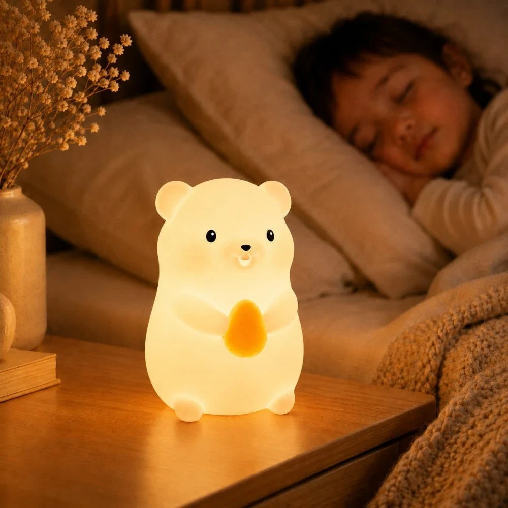 Veilleuse LED hamster Hamy allumée sur une table de chevet près d'un enfant endormi