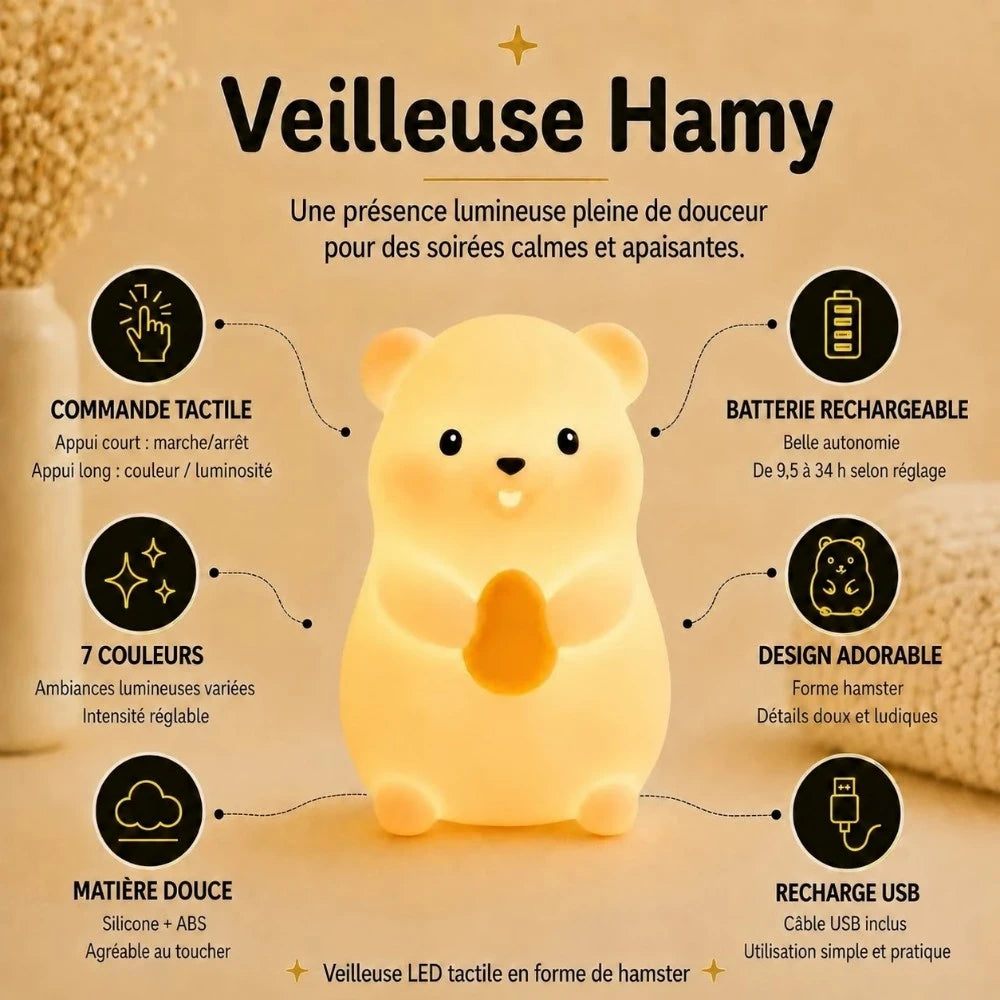 Infographie veilleuse LED hamster Hamy : commande tactile, 7 couleurs, silicone doux, recharge USB