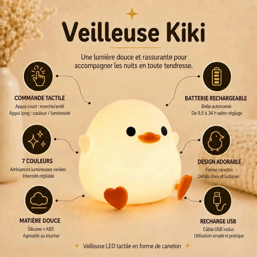 Infographie veilleuse LED caneton Kiki : commande tactile, 7 couleurs, silicone doux, recharge USB