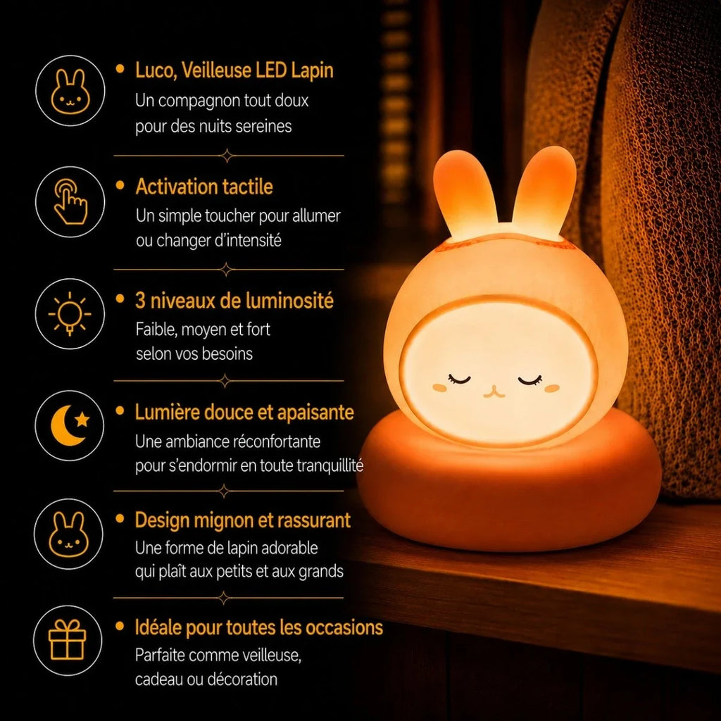 Infographie de la veilleuse LED lapin Luco avec activation tactile, 3 niveaux de luminosité et lumière douce apaisante.