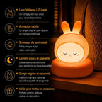 Infographie de la veilleuse LED lapin Luco avec activation tactile, 3 niveaux de luminosité et lumière douce apaisante.