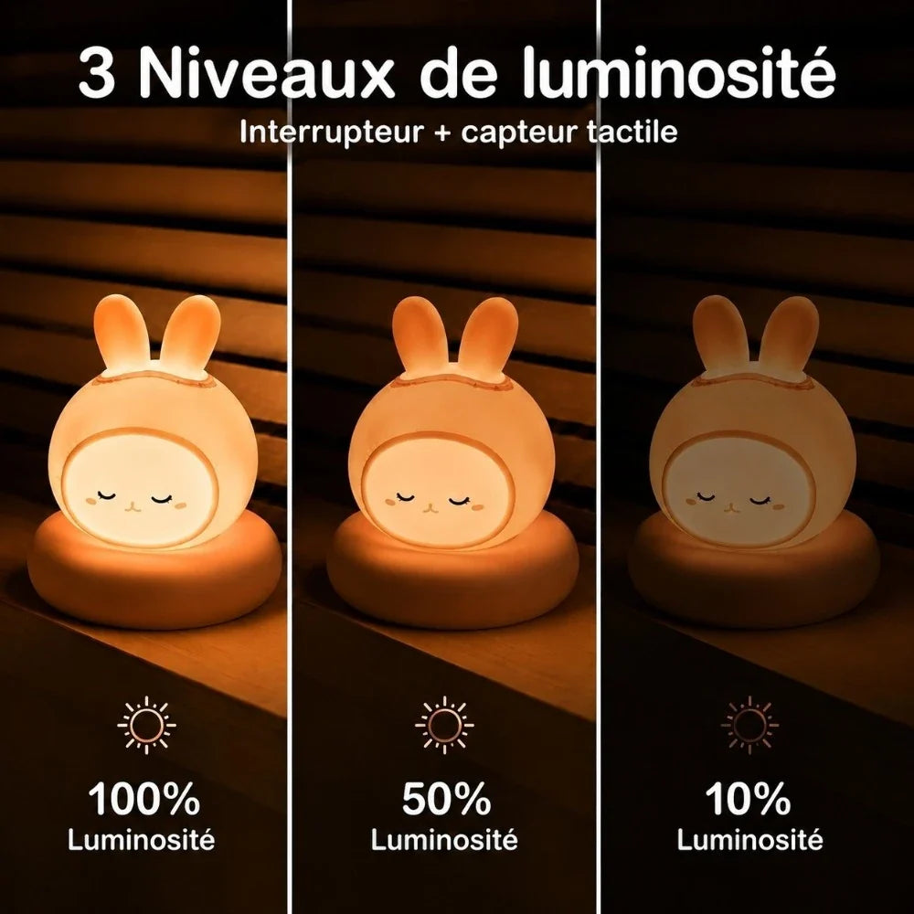 Veilleuse LED lapin Luco avec trois niveaux de luminosité réglables, pour adapter l'intensité selon le moment de la soirée