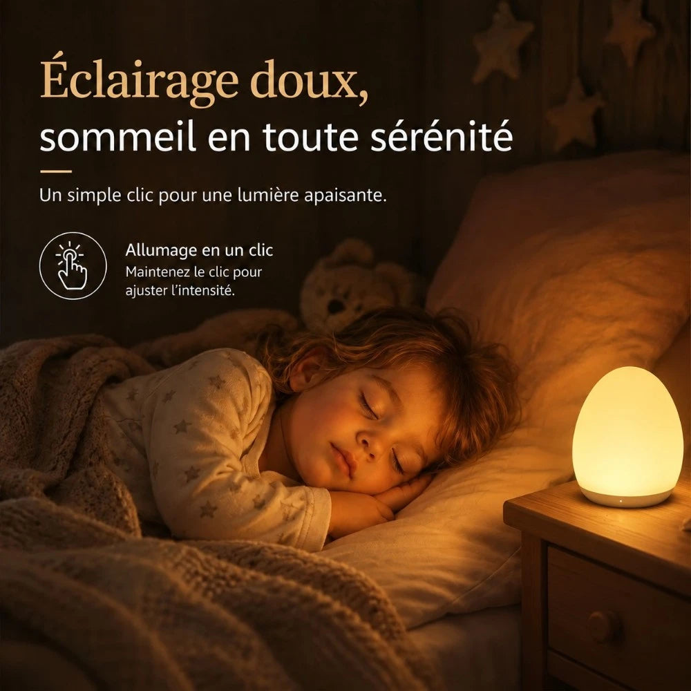 Veilleuse Luma LED tactile posée sur une table de chevet, diffusant une lumière douce près d'un enfant endormi