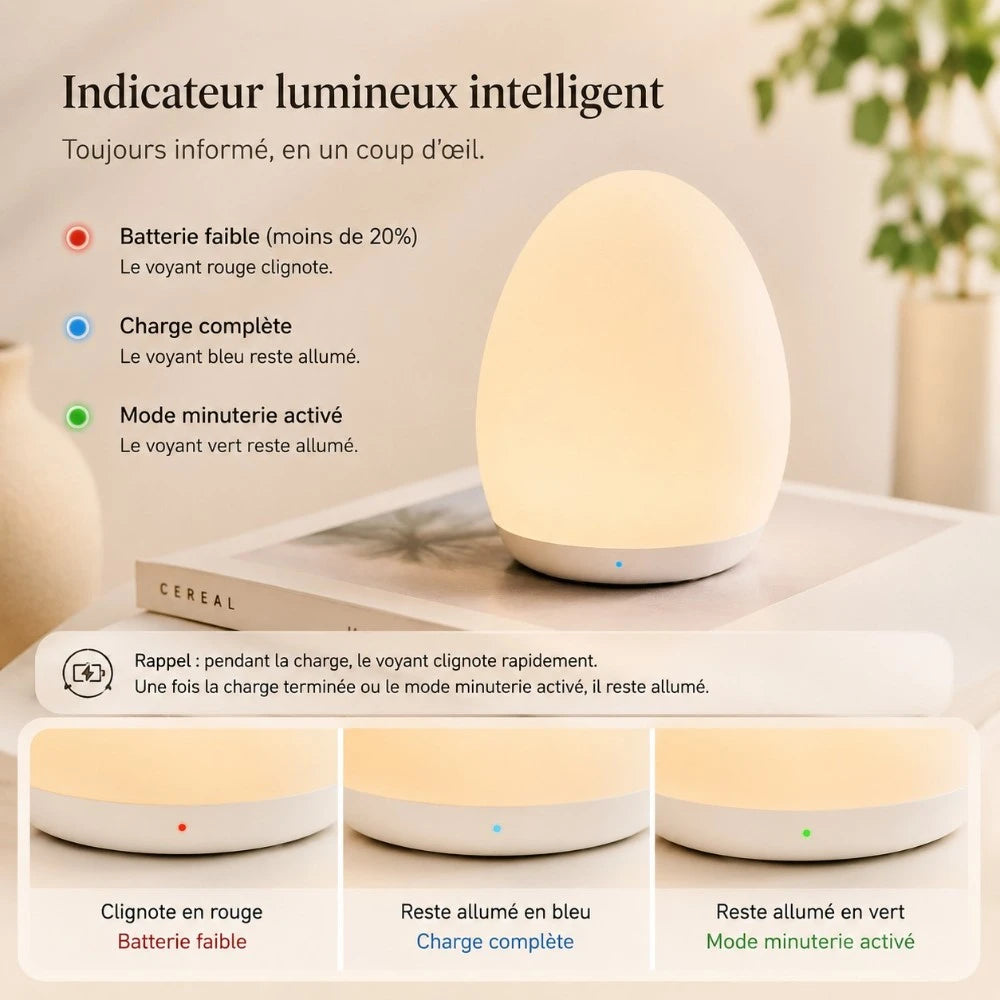 Veilleuse Luma LED avec indicateur lumineux de batterie, charge complète et mode minuterie