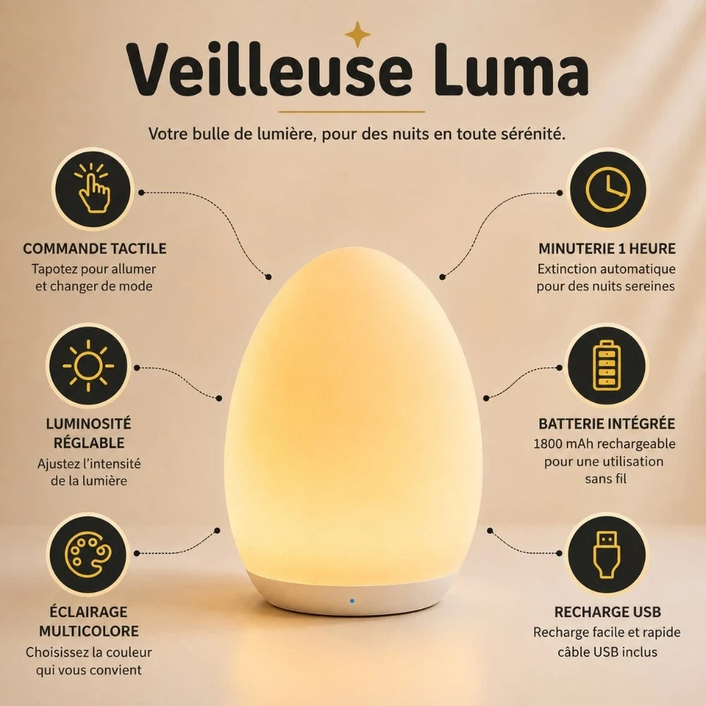 Veilleuse Luma LED tactile à lumière chaude, luminosité réglable, éclairage multicolore, minuterie 1 heure et batterie rechargeable USB.