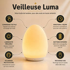 Veilleuse Luma LED tactile à lumière chaude, luminosité réglable, éclairage multicolore, minuterie 1 heure et batterie rechargeable USB.