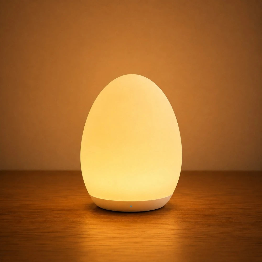 Luma, veilleuse LED en forme d’œuf diffusant une lumière chaude et douce sur fond beige épuré.