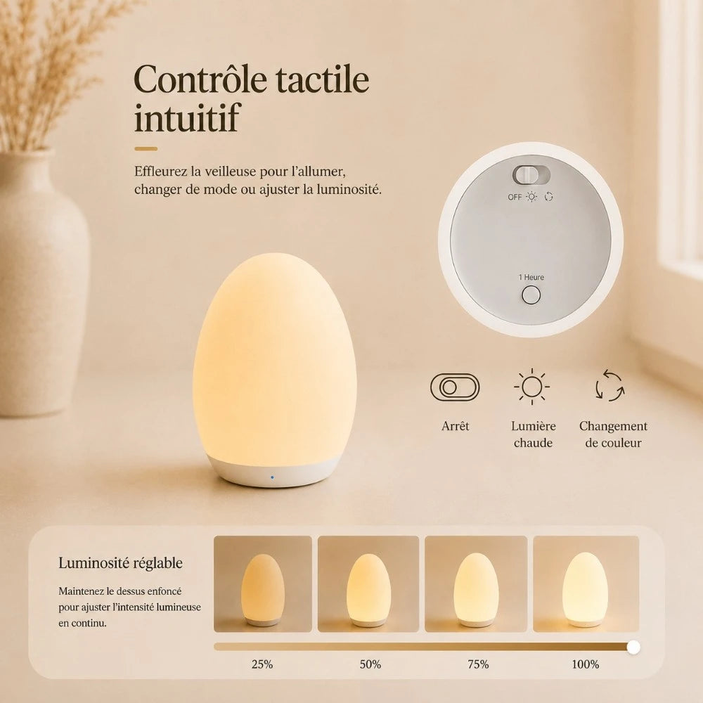 Veilleuse Luma LED tactile avec luminosité réglable, lumière chaude et changement de couleur