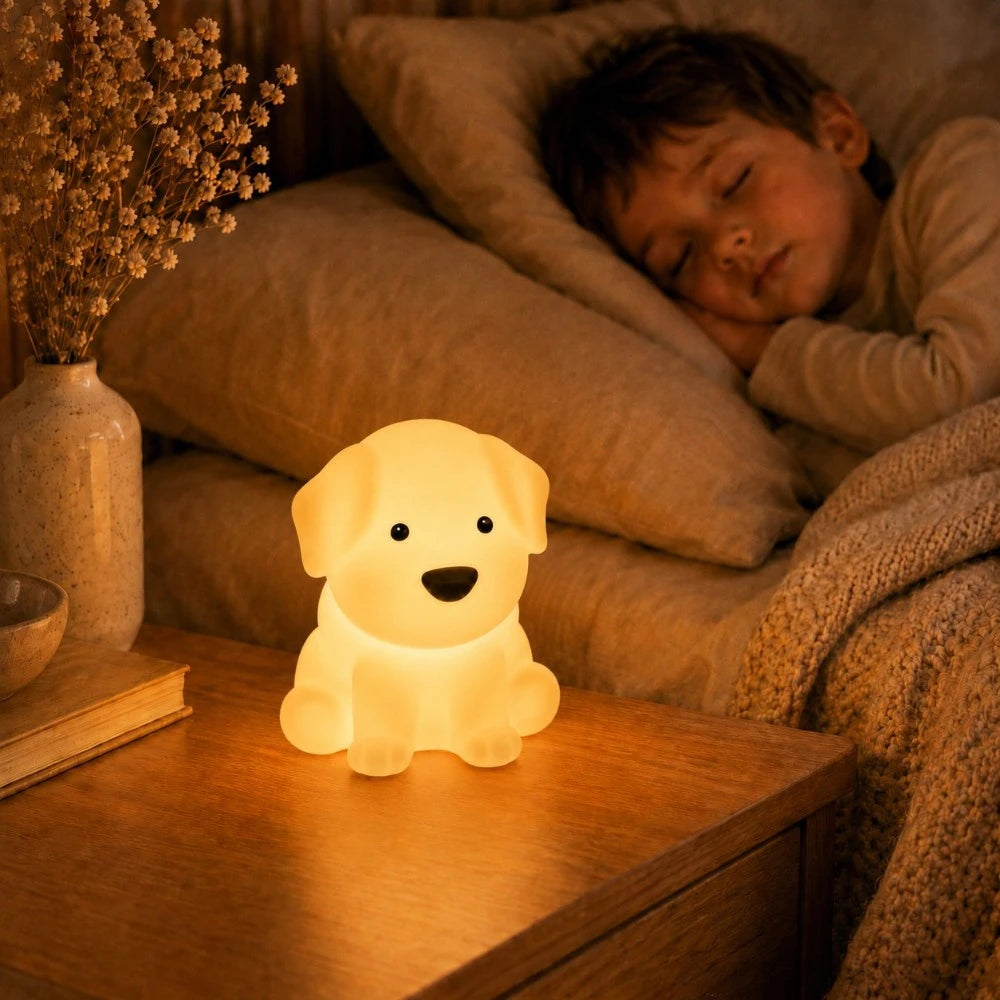Veilleuse LED chiot Milo allumée sur une table de chevet près d'un enfant endormi