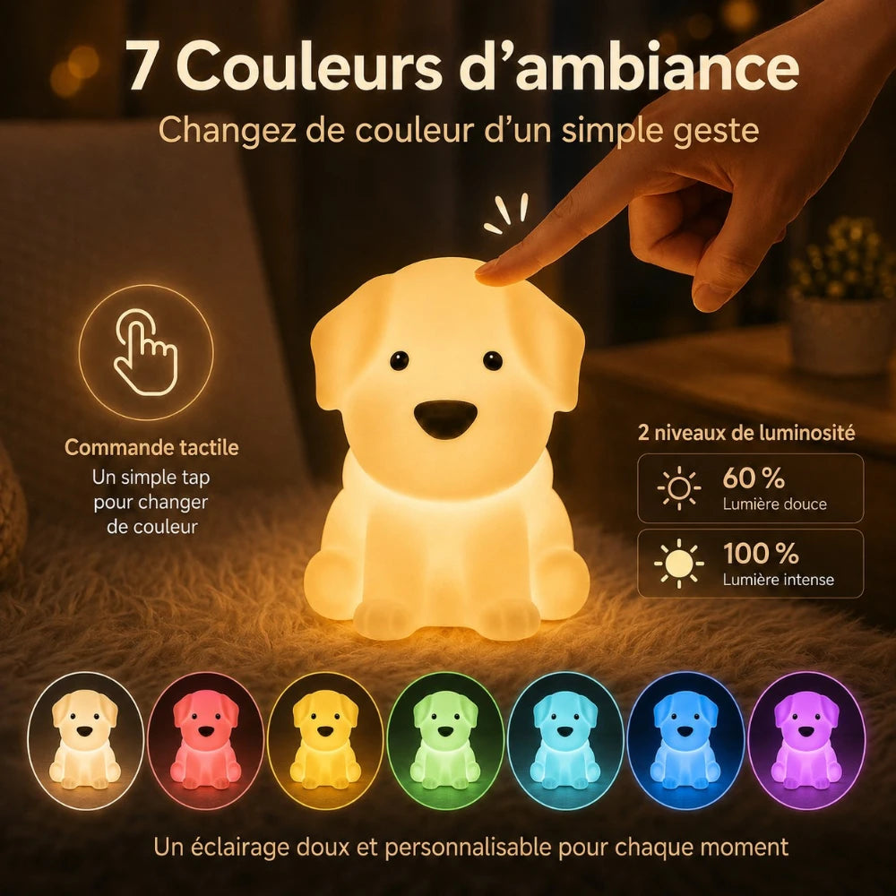 Veilleuse LED chiot Milo : commande tactile, 7 couleurs disponibles