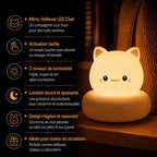 Infographie de la veilleuse LED chat Mimo avec activation tactile, 3 niveaux de luminosité et lumière douce apaisante.