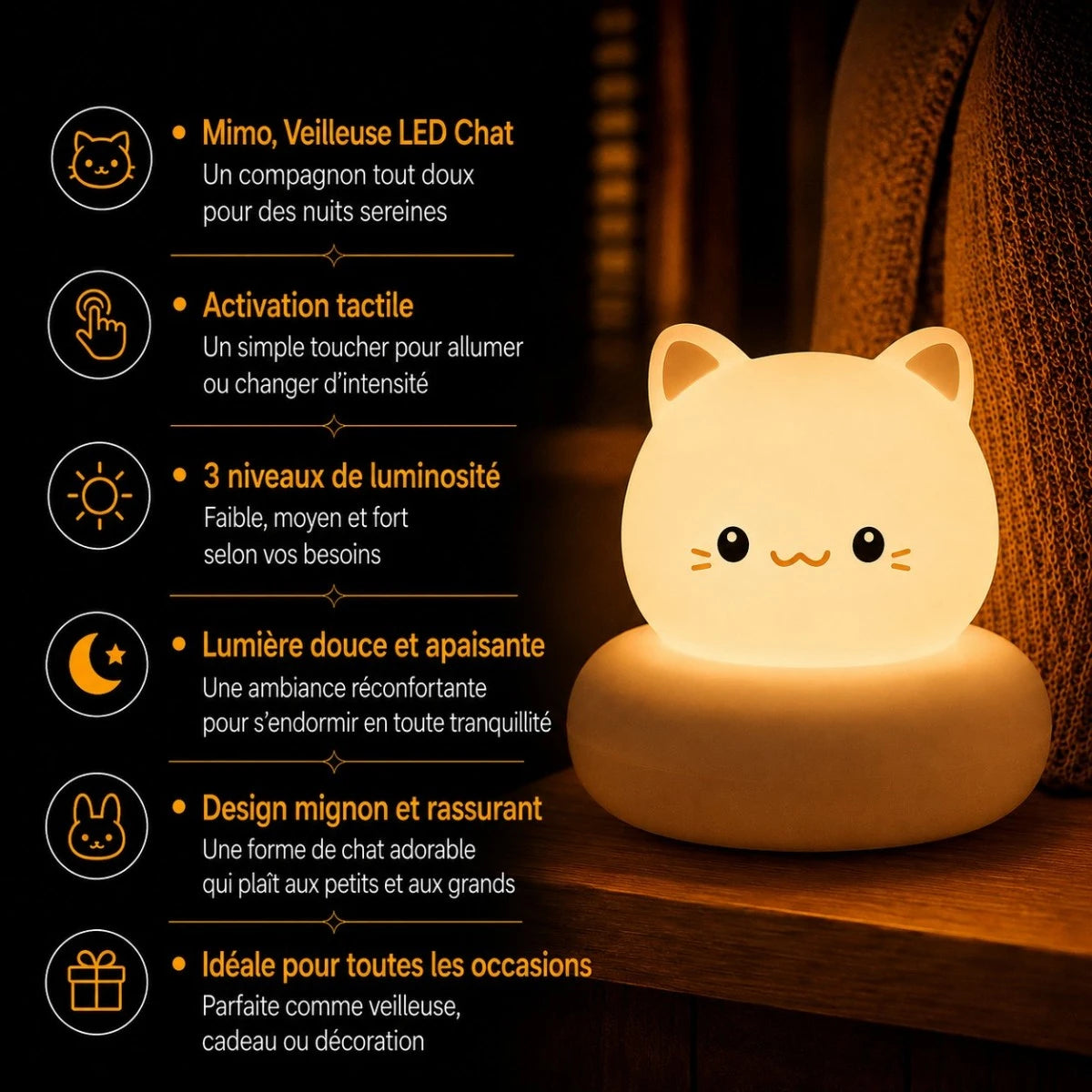 Infographie de la veilleuse LED chat Mimo avec activation tactile, 3 niveaux de luminosité et lumière douce apaisante.