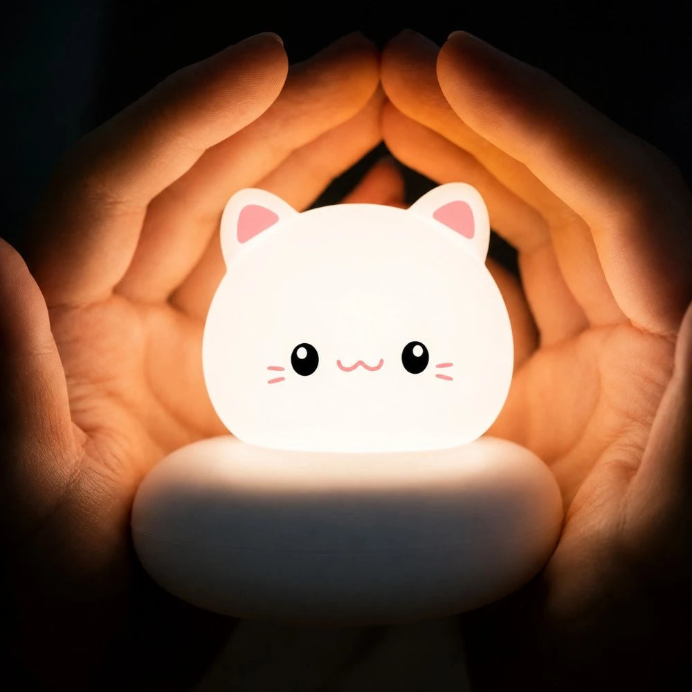 veilleuse LED chat Mimo blanche allumée, diffusant une lumière chaude et entourée de deux mains.
