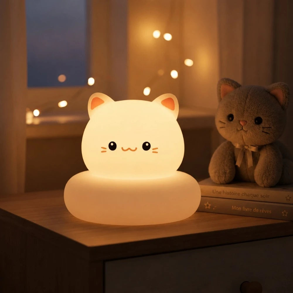 Veilleuse LED chat Mimo diffusant une lumière douce sur une table de chevet dans une chambre d'enfant.