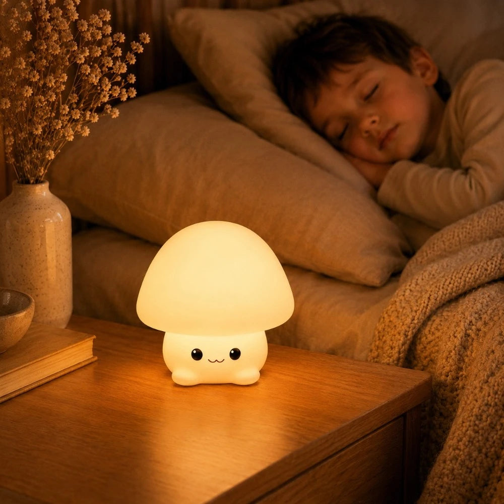 Veilleuse LED champignon Mushy allumée sur une table de chevet près d'un enfant endormi