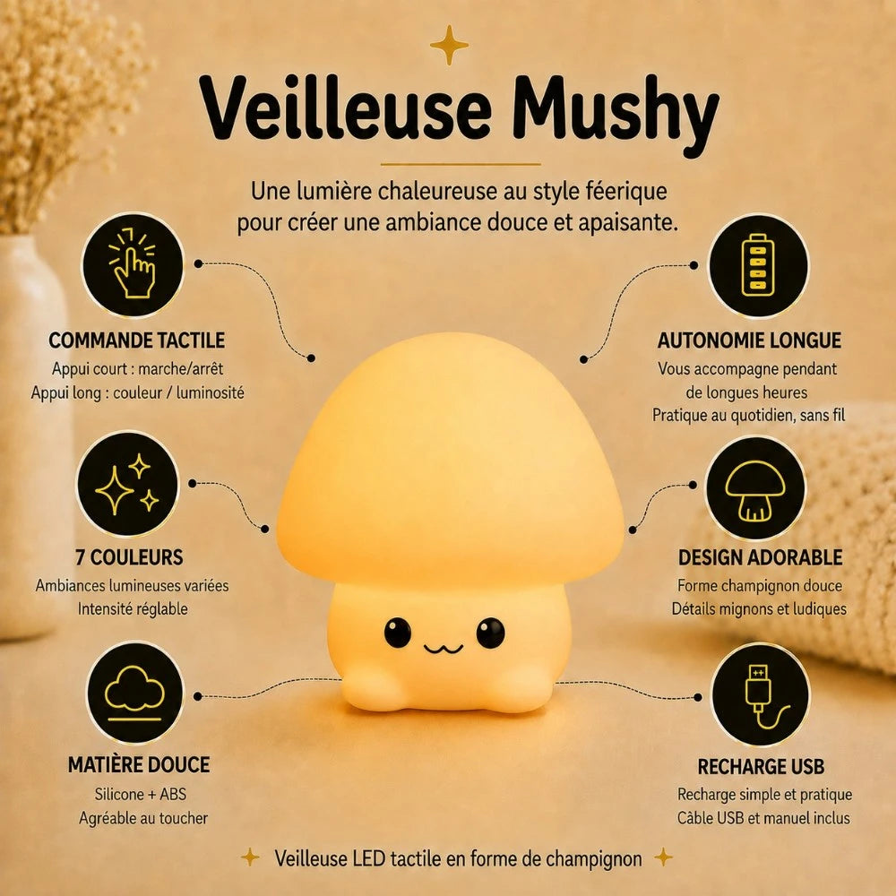 Infographie veilleuse LED champignon Mushy : commande tactile, 7 couleurs, silicone doux, recharge USB