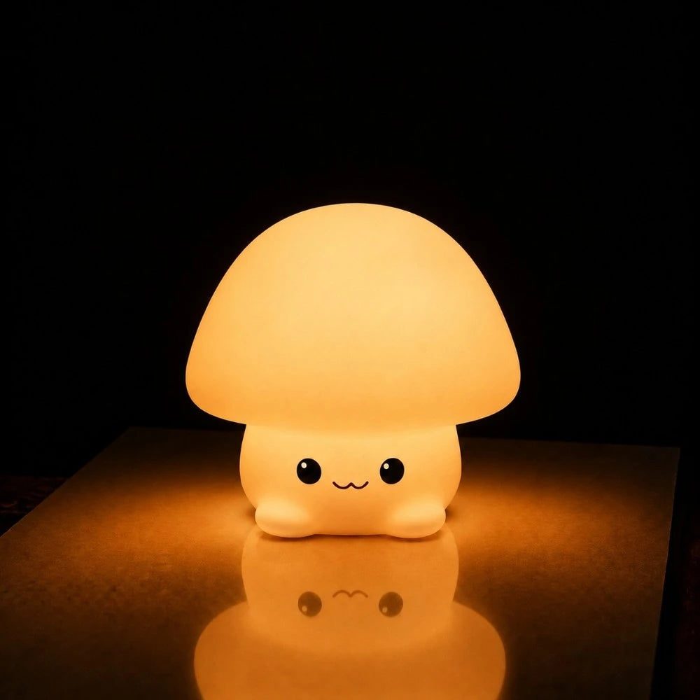 Veilleuse LED champignon Mushy allumée diffusant une lumière chaude dans une ambiance douce et apaisante