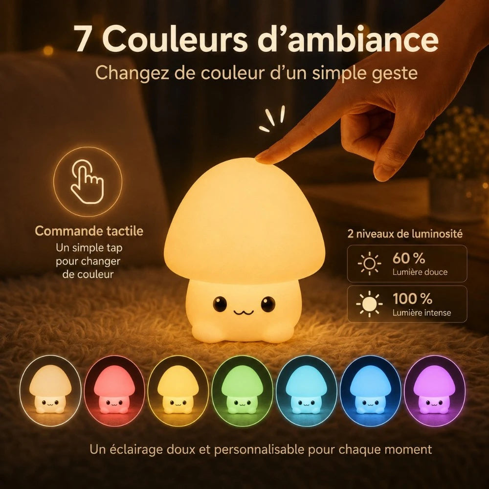 Veilleuse LED champignon Mushy : commande tactile, 7 couleurs disponibles