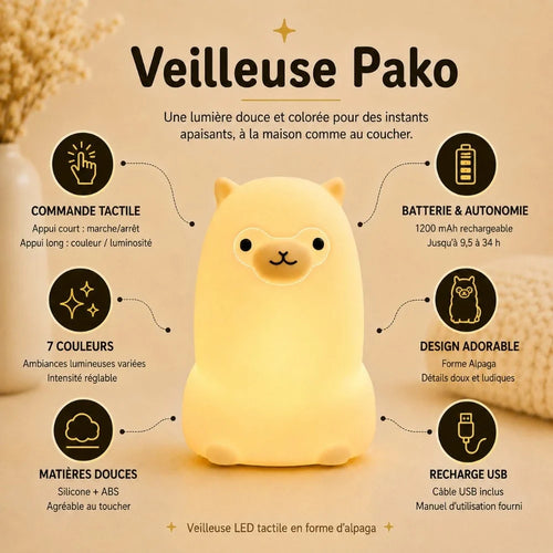 Infographie veilleuse LED alpaga Pako : commande tactile, 7 couleurs, silicone doux, recharge USB