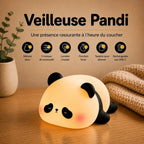 Infographie veilleuse LED panda Pandi : silicone doux, lumière tamisée, rechargeable USB, minuterie 30 minutes