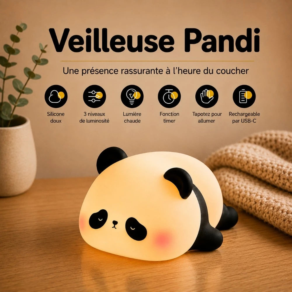 Infographie veilleuse LED panda Pandi : silicone doux, lumière tamisée, rechargeable USB, minuterie 30 minutes