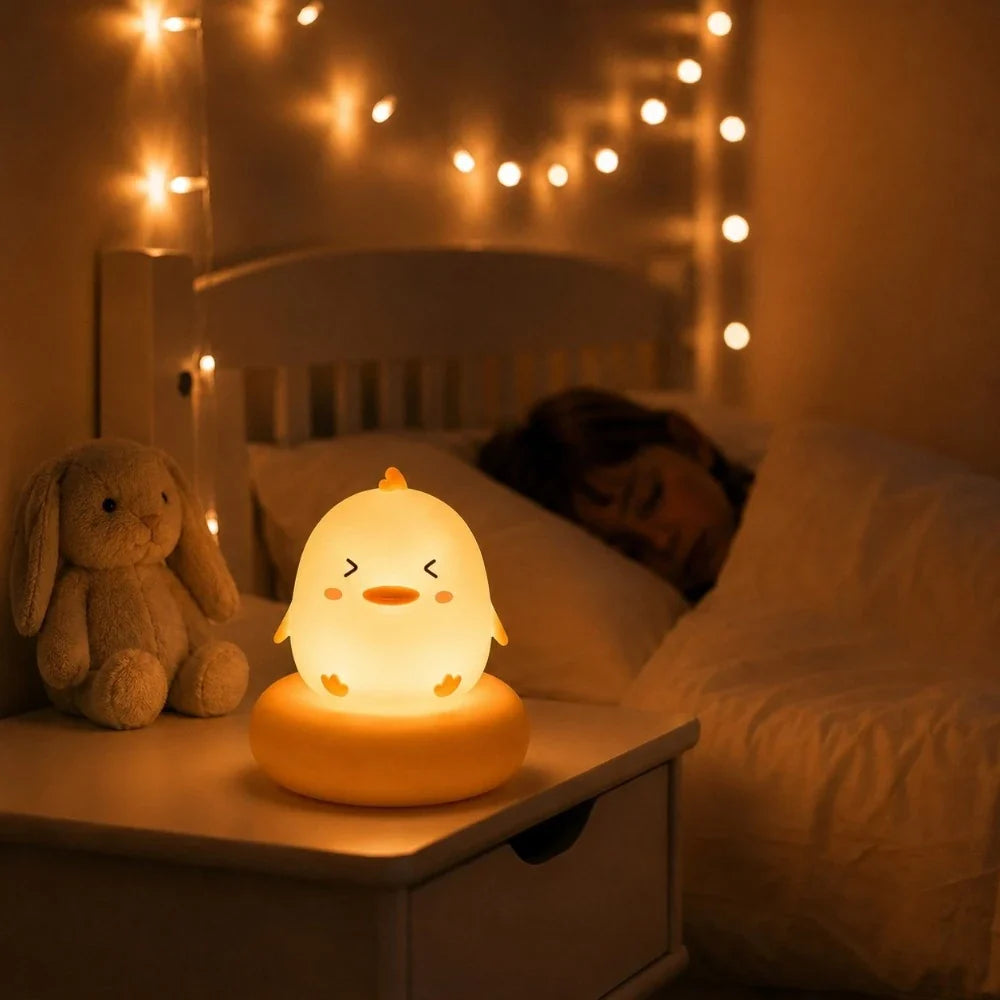 Veilleuse LED poussin Piou diffusant une lumière chaude sur une table de chevet dans une chambre d’enfant